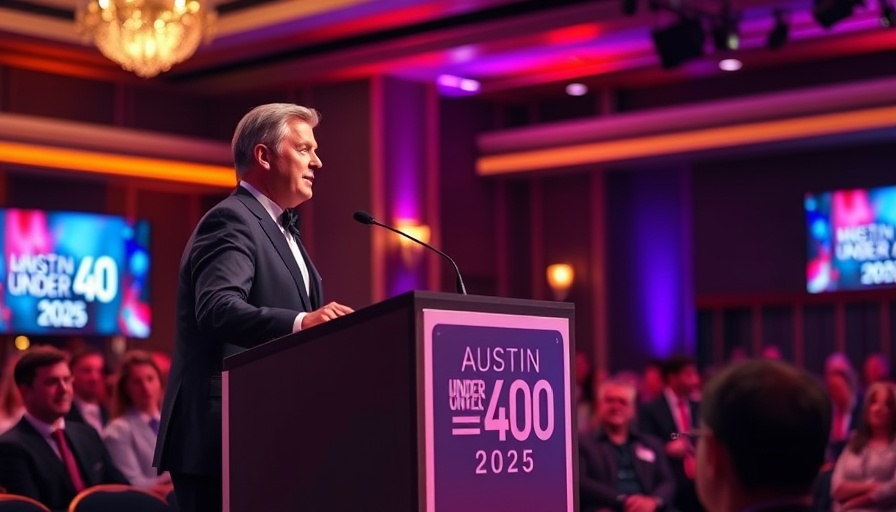Emcee at Austin Under 40 Awards 2025 speaking at the podium on stage.