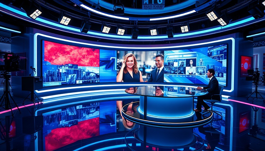 Modern broadcast studio with live interview on national news headlines.