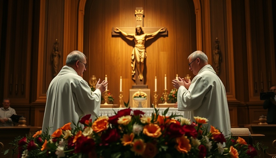 Homegrown pope: clergy in church with Jesus statue and flowers.
