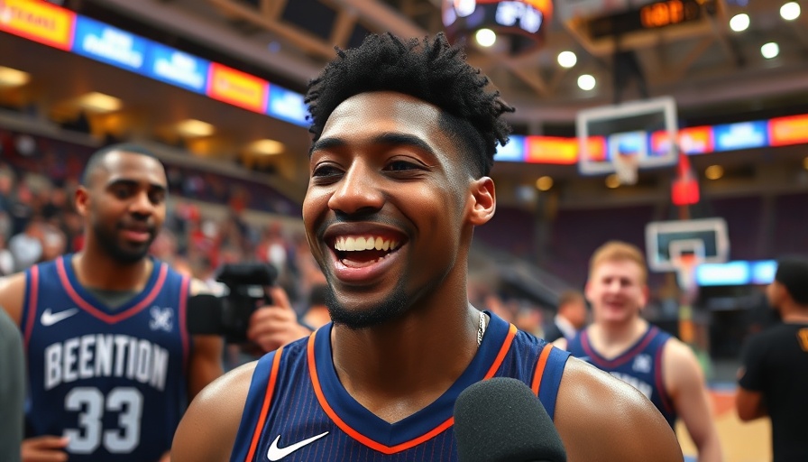 Basketball player celebrates with teammates, discussing sports champions moms, vibrant stadium lights.