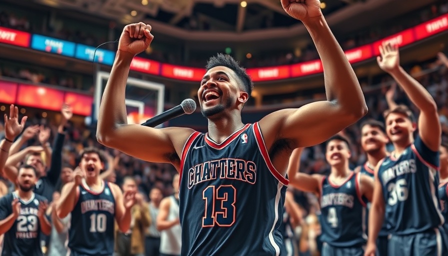 Basketball player celebrates win with teammates, indoor stadium, vibrant atmosphere.