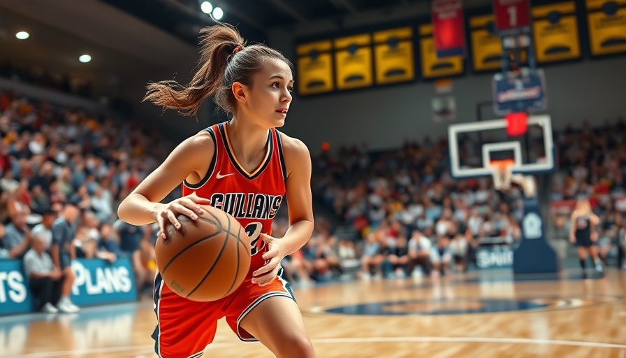 Intense college basketball game with focused player dribbling.