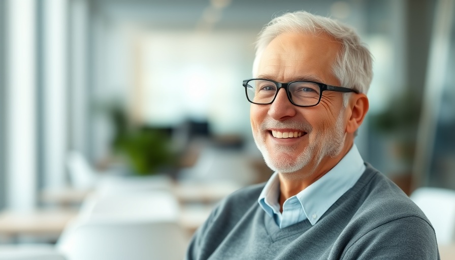 Older man smiling indoors, soft office background