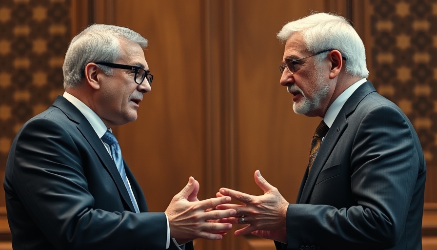 Mature men in a formal debate setting, engaging passionately.