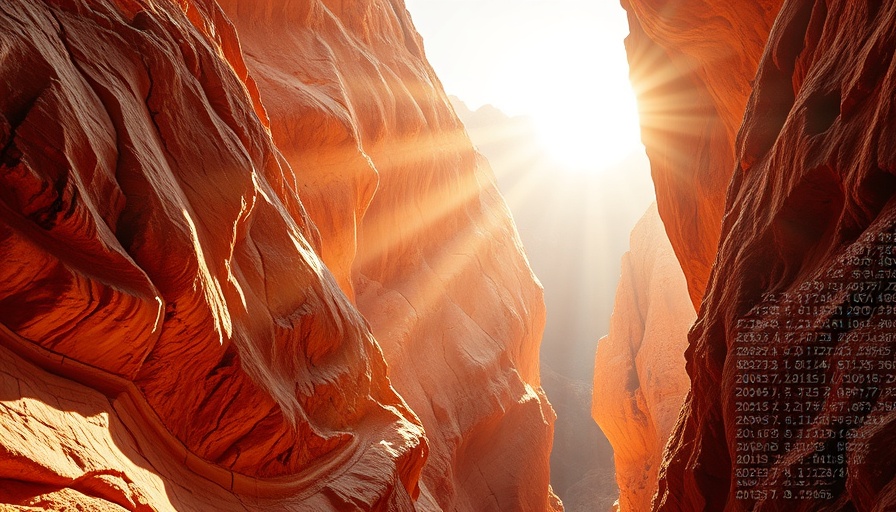 Sunlit canyon with digital overlay, blending nature and data.