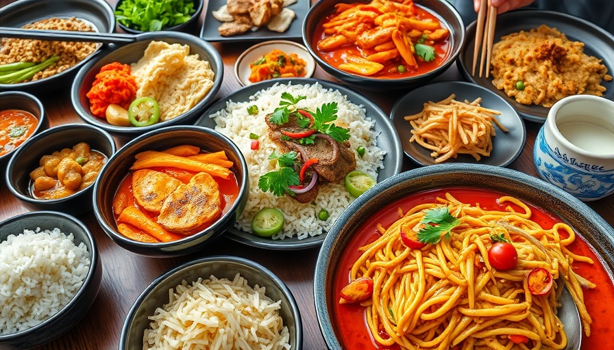 Diverse Asian dishes on a wooden table at Sugar Land culinary destination.