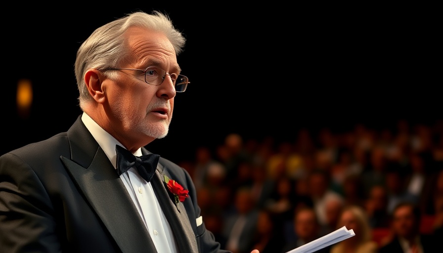 Distinguished man in tuxedo delivering a speech on drug pricing policy.