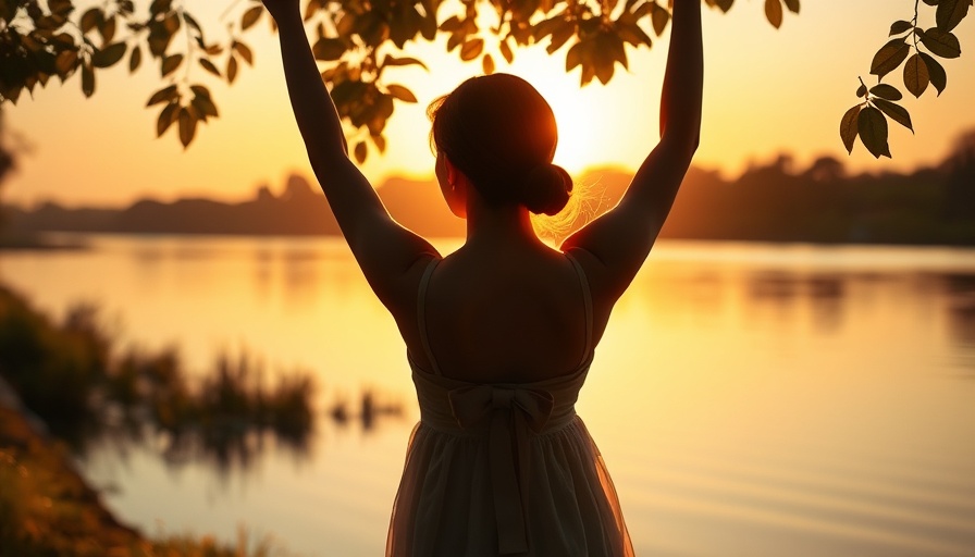 Young woman enjoying sunset by river, highlighting health and wellness.