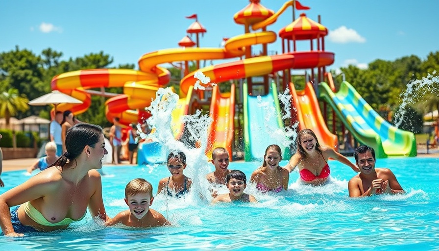 Families enjoying Volente Beach Resort & Waterpark, colorful slides.