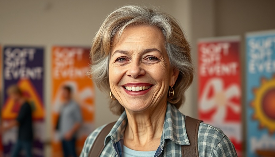 Friendly woman smiling at a casual event backdrop.