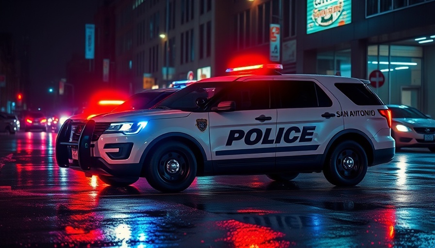 San Antonio police SUV associated with crime reports on a rainy night.