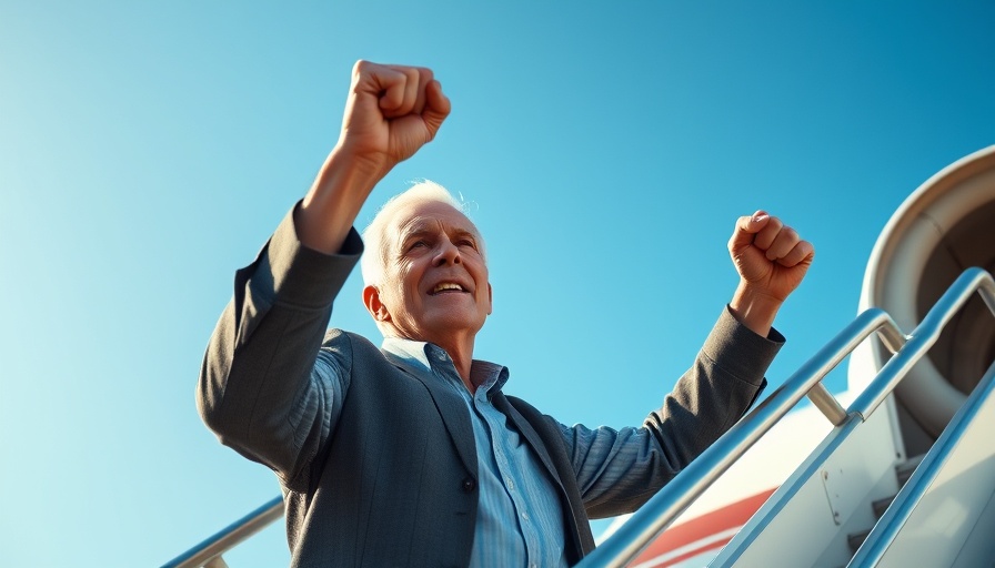 Older man stands on airplane stairs, fist raised, against blue sky.