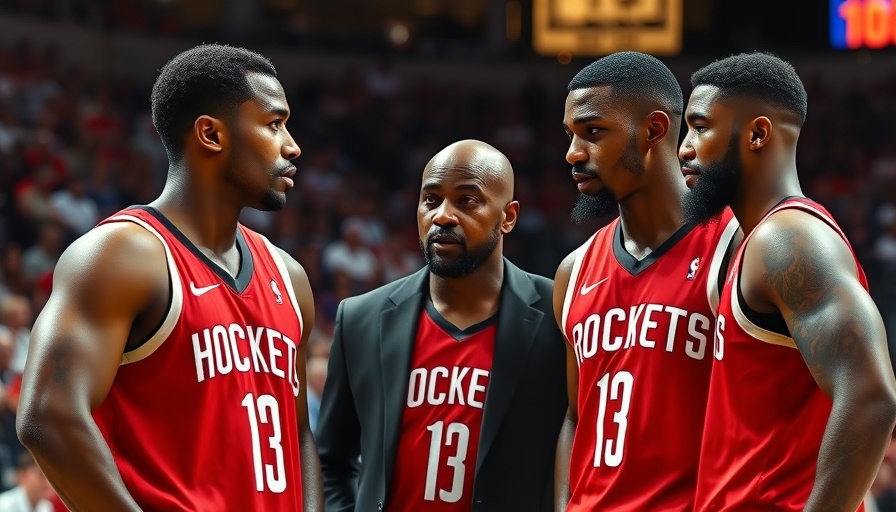 Houston Rockets players and coach during intense game discussion.