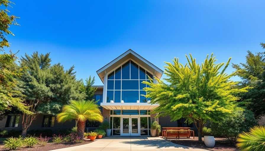 Community building entrance in Kashmere Gardens under a clear sky.