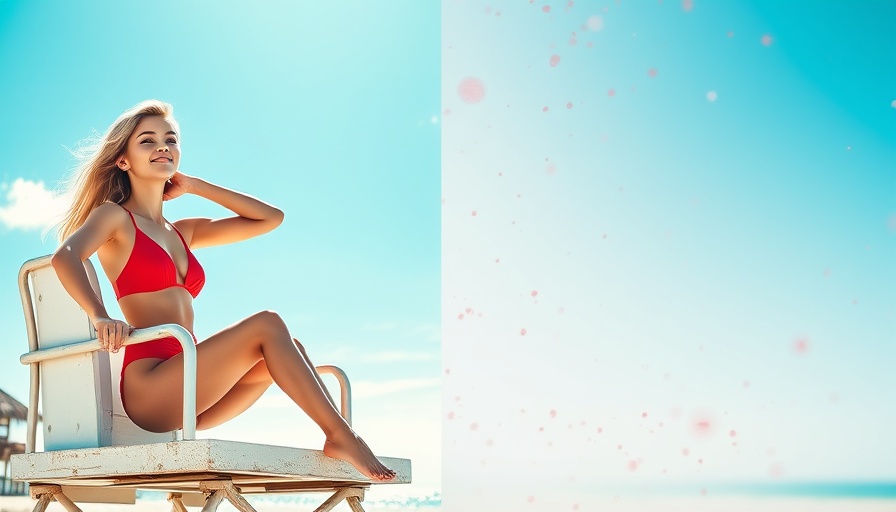 Blonde woman smiling in red swimsuit, lifeguard setting; portrait on speckled backdrop.