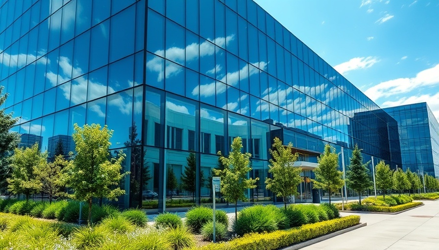 Modern office building in Houston with glass facade and green landscape.