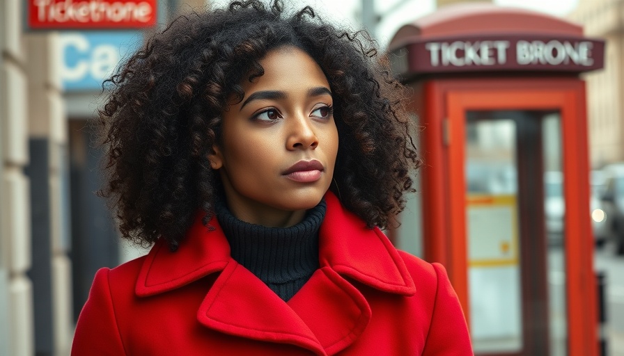 Curly-haired woman standing near ticket booth, urban setting.