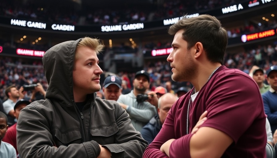 Celebs hanging out courtside at MSG, engaging in conversation.