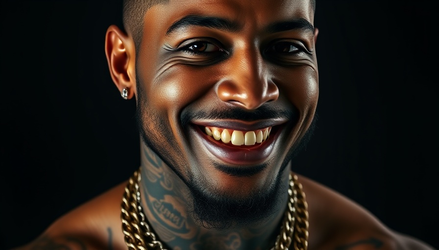 Man smiling in a white outfit with diamond chains, portrait shot