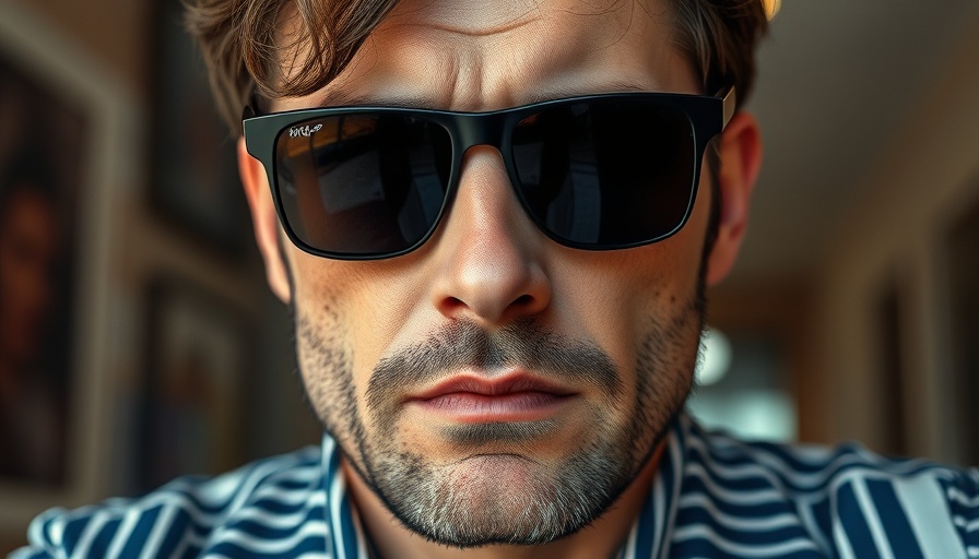 Close-up of a man in sunglasses with a serious expression, indoors.