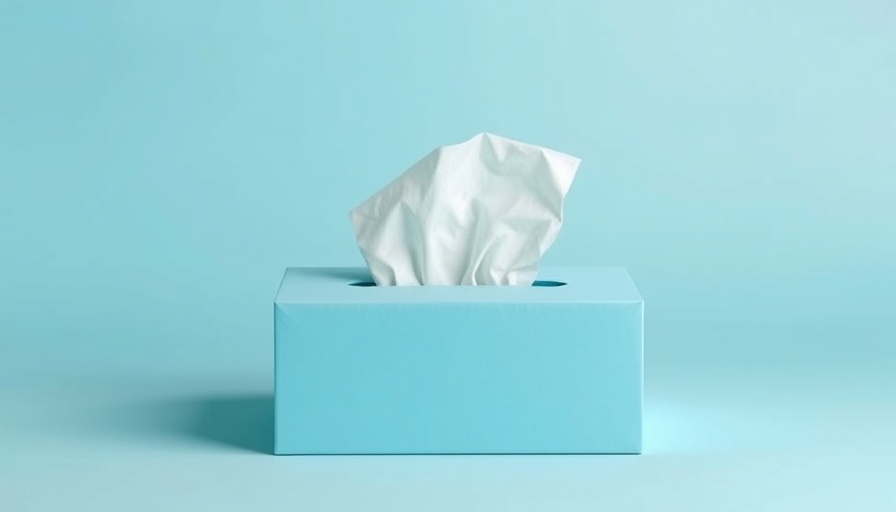 Blue tissue box with white tissue, bright background.
