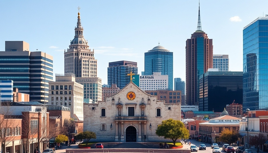 Cityscape view of San Antonio with city emblem, San Antonio Public Works Review
