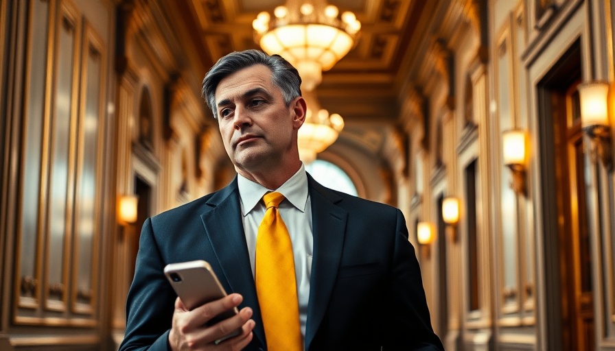 Contemplative man in suit holding smartphone in ornate hallway, related to Trump's budget proposal Medicaid.