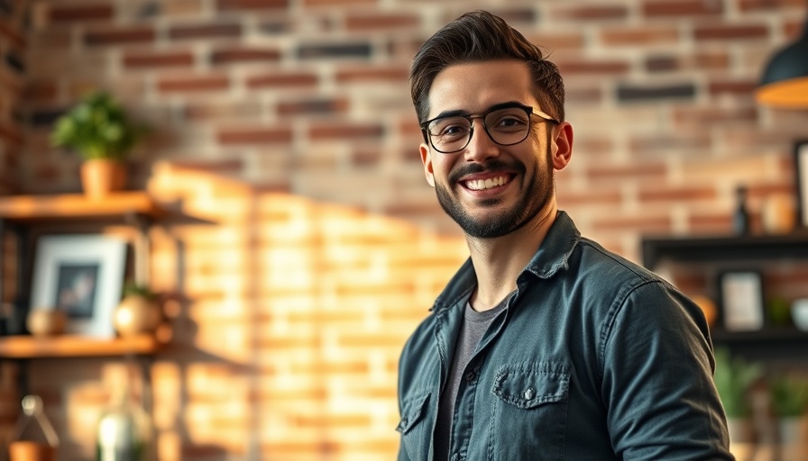 Smiling man standing indoors with brick wall background
