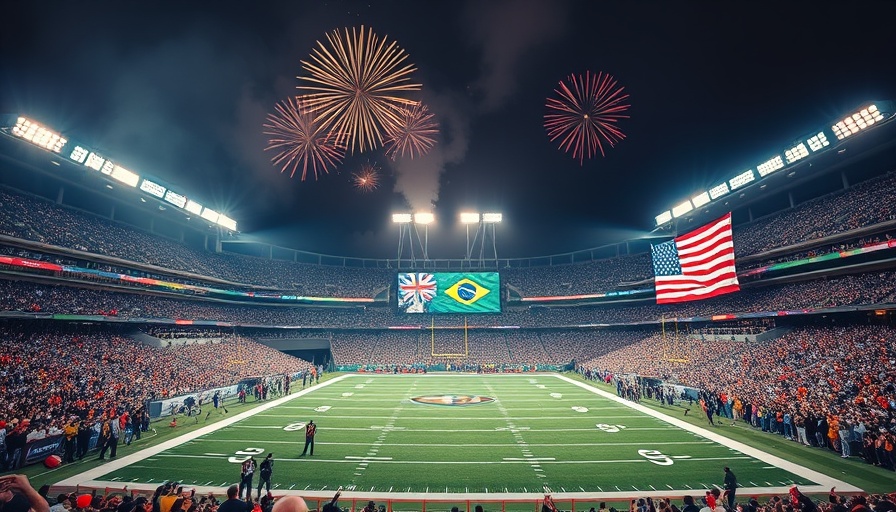 NFL international games 2025: vibrant night scene with Brazil and USA flags in a lively stadium.