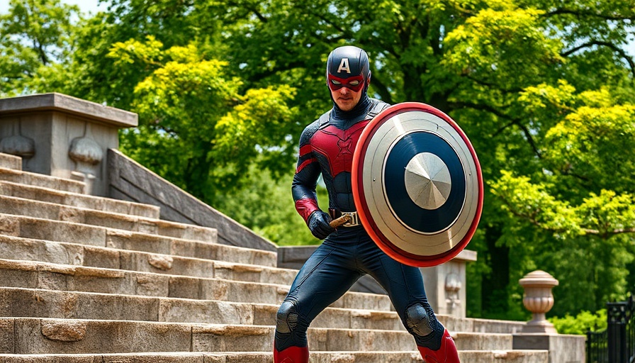 Heroic figure in bright superhero suit holding a shield.