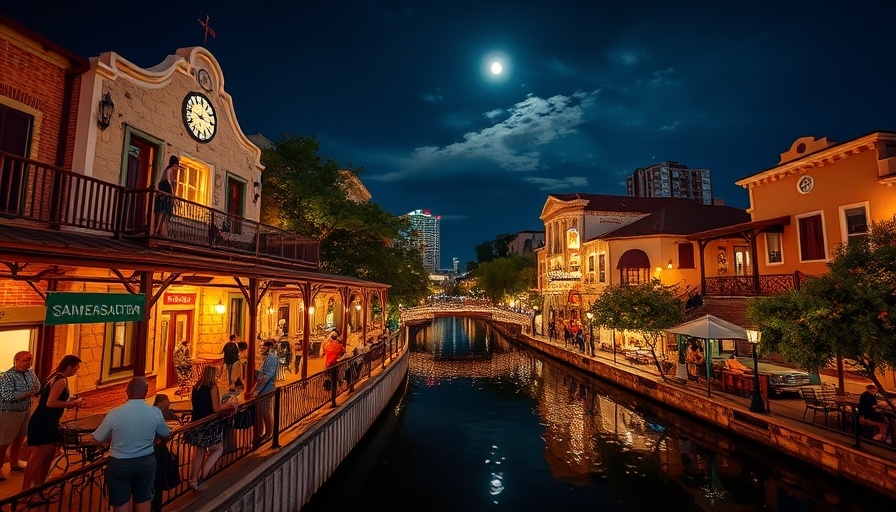 Enchanting San Antonio River Walk at night with vibrant lights.