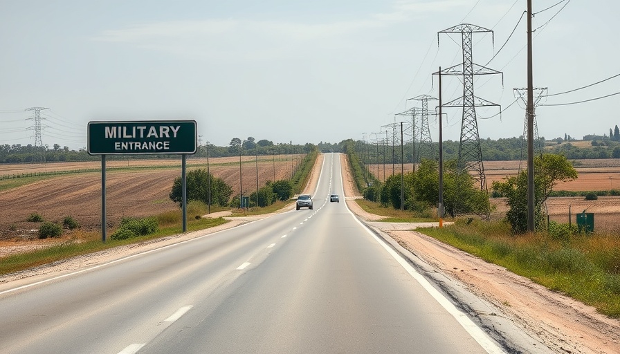 Military entrance road with yellow signs and cars in distance.