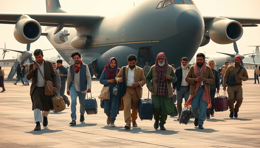 Afghan refugees walking towards military plane on airfield.