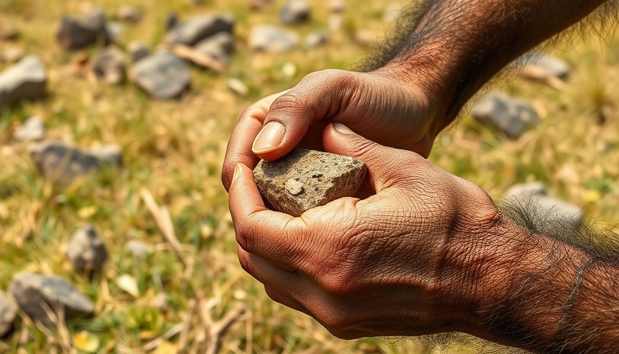 Neanderthal hand using tool in prehistoric landscape, ancient human relatives hand use