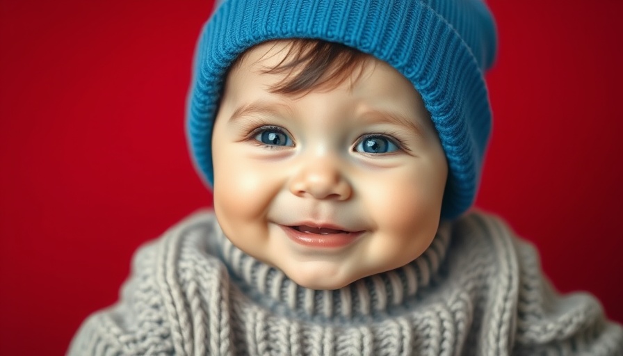 Adorable baby wearing a blue cap and sweater, popular baby names 2024.