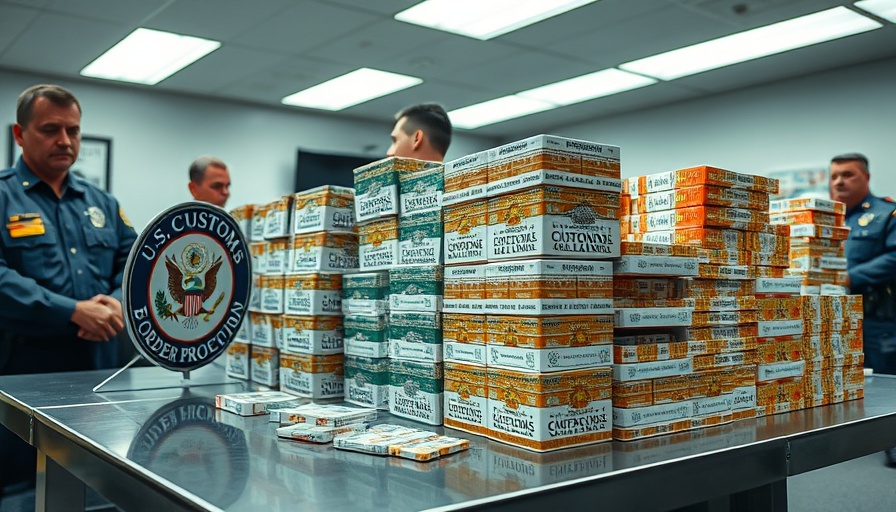 Cigarette smuggling California: seized cigarette cartons with U.S. Customs logo.