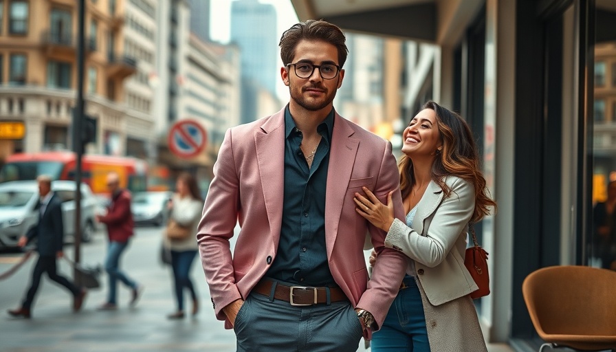 Fashionable man in pink blazer and friends hugging, city scene, It Ends With Us legal battle.