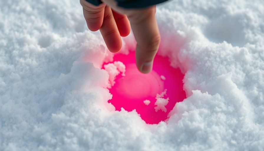 Close-up hand reaching for frisbee in snow, vibrant contrast.