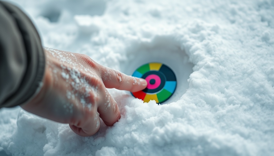 Hand pressing disc into snow, creating satisfying sound impression in sports context.
