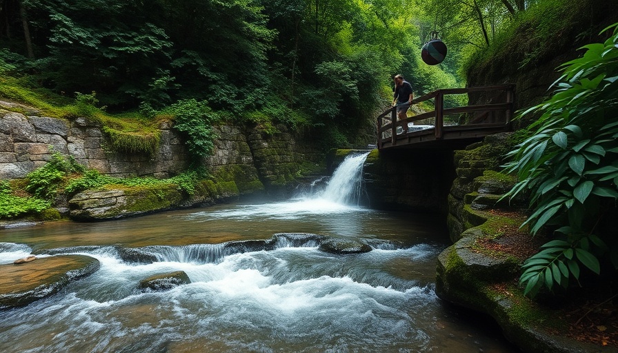 Serene creek with waterfall and bridge highlighting health risks of swimming in creeks.