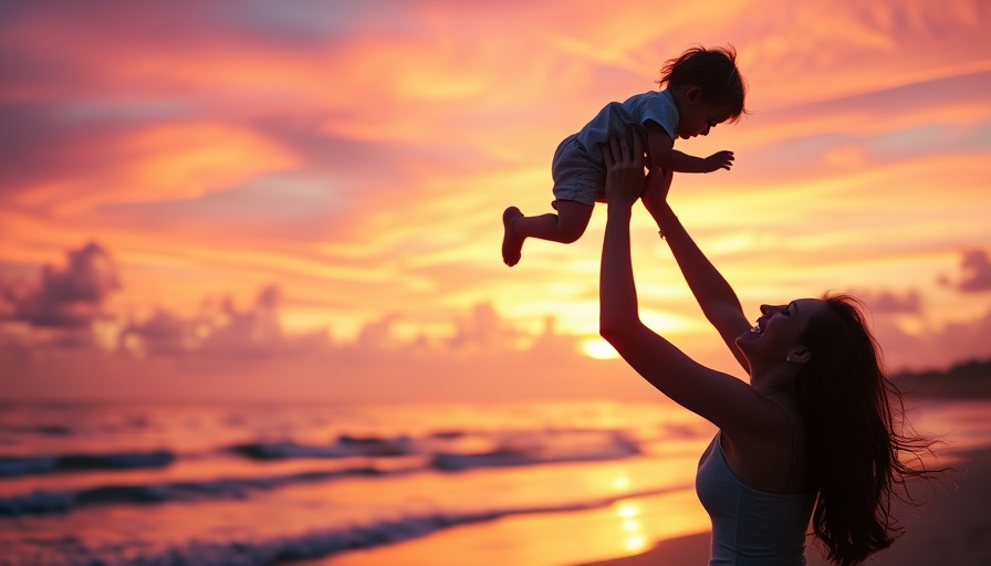 Silhouette of mother and child at sunset, reducing parenting stress.