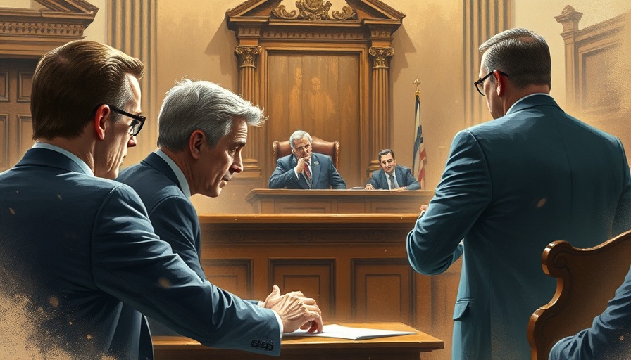 Courtroom illustration depicting a tense legal scene.
