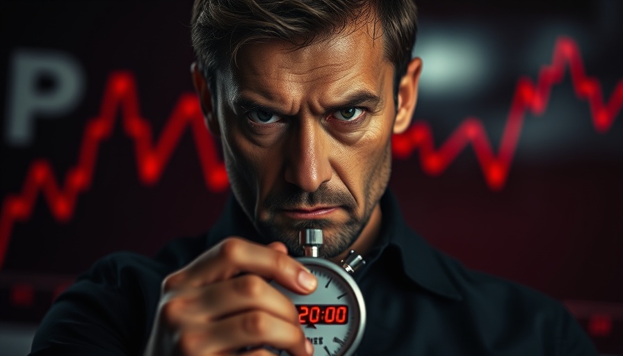 Serious man with stopwatch showing '72:00:00' against graph.