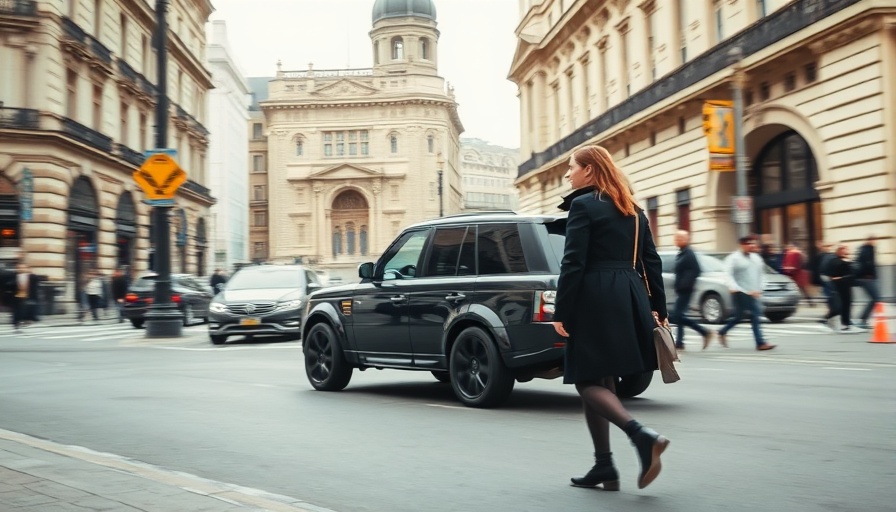 Woman in black coat steps towards SUV, city street context.