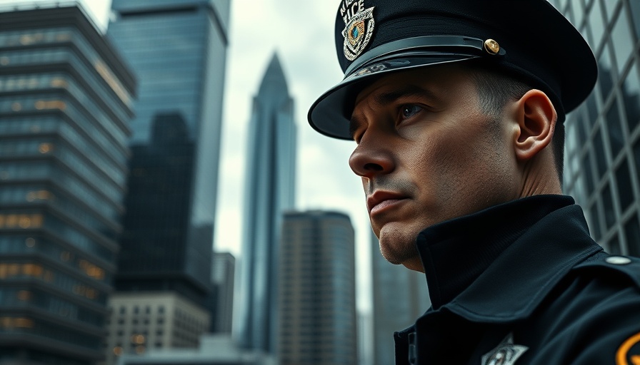 HPD officer in front of department badge and skyscrapers.
