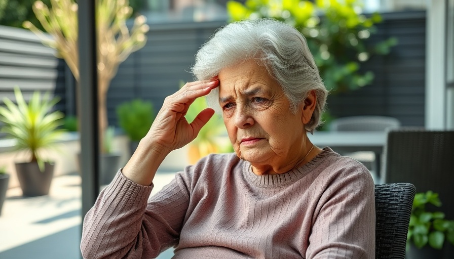 Elderly woman showing early signs of Alzheimer’s disease, looking stressed.