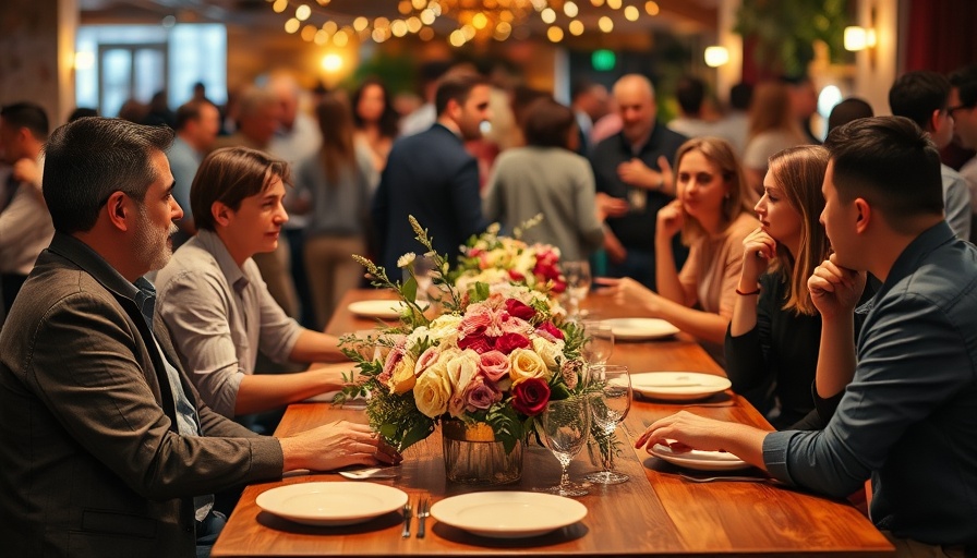 Friends chatting at a lively social gathering with ambient lighting.