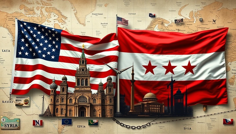 Collage depicting US relations with Syria through flags and symbols.