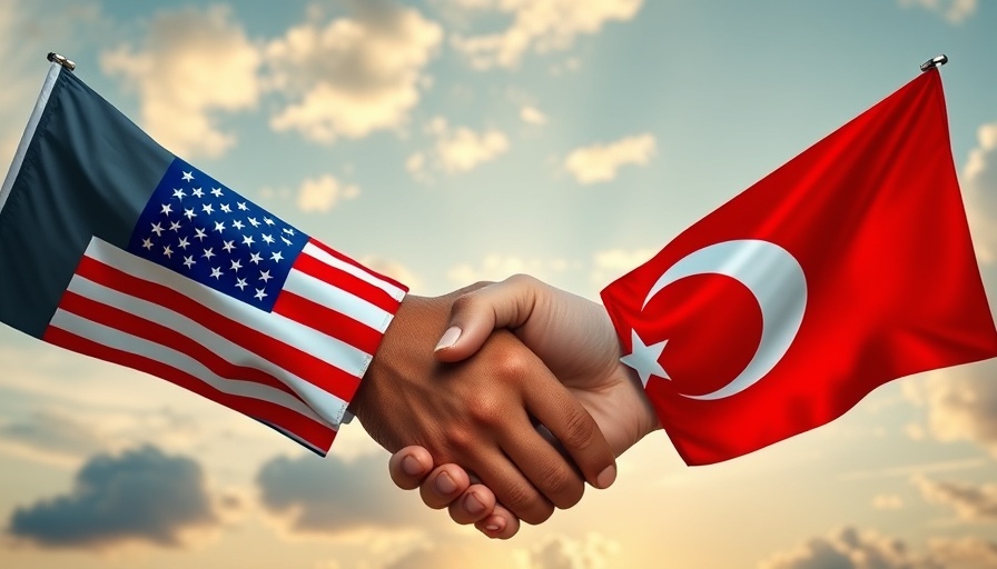 Symbolic illustration of US-Turkey relations with flags and handshake.