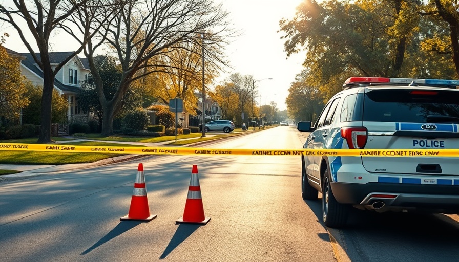 Police vehicle blocks road with caution tape in suburban area